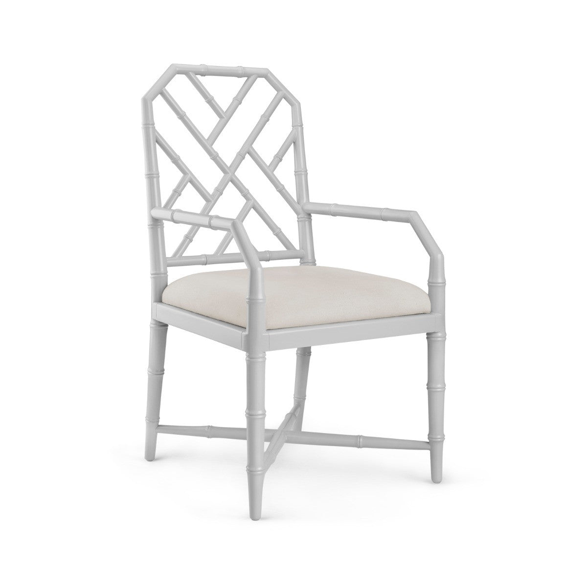 Jardin Armchair by Villa & House — Pewter lacquered mahogany dining chair, three-quarter front view with natural linen cushion.