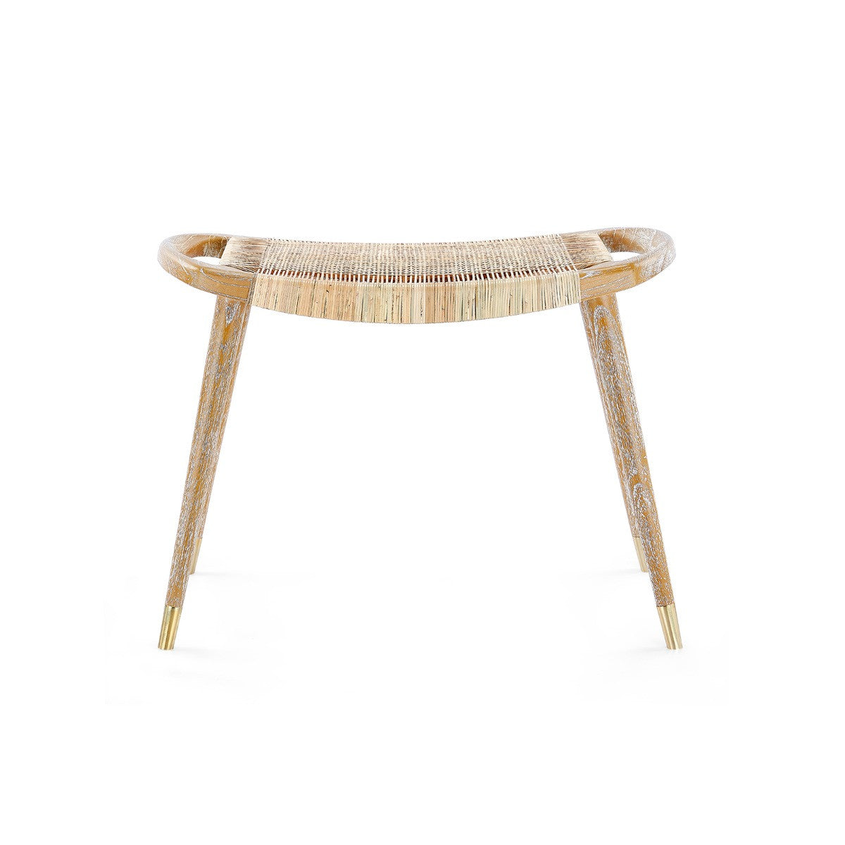 Jerome Stool by Villa & House, straight-on view showing the curved cane seat, light wood frame, side handles, and tapered legs.