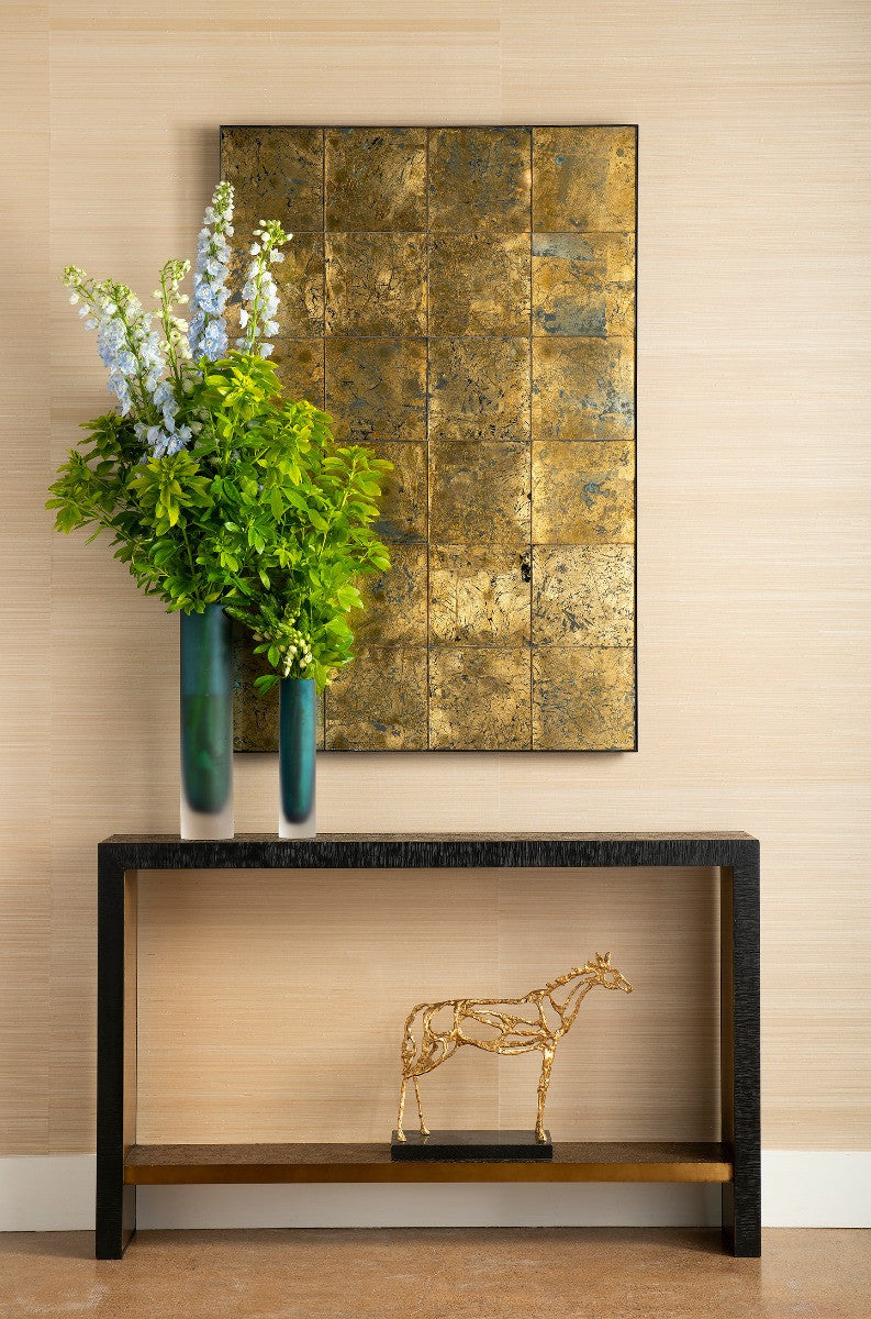 Lungo Large Vase by Villa & House — blue glass vase with flowers beside a smaller coordinating vase on a console table.