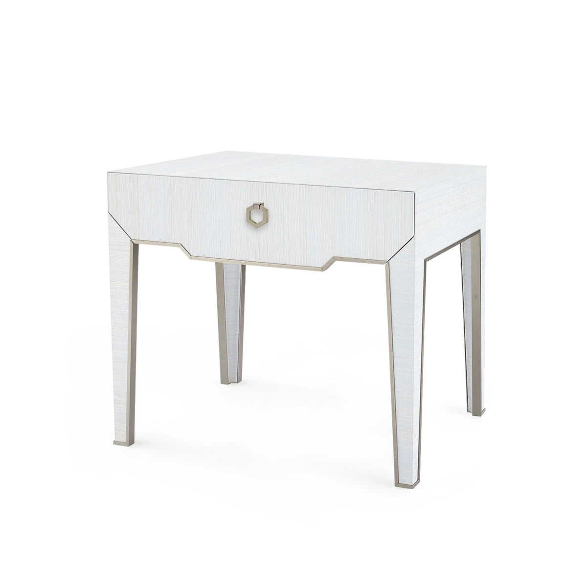 Madeline 1-Drawer Side Table by Villa & House — Platinum Shimmer grasscloth, front three-quarter view
