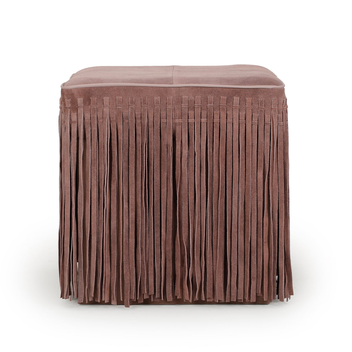 Daphne Square Suede Fringe Ottoman by TOV Furniture in Dusty Pink, front view with a long fringe skirt