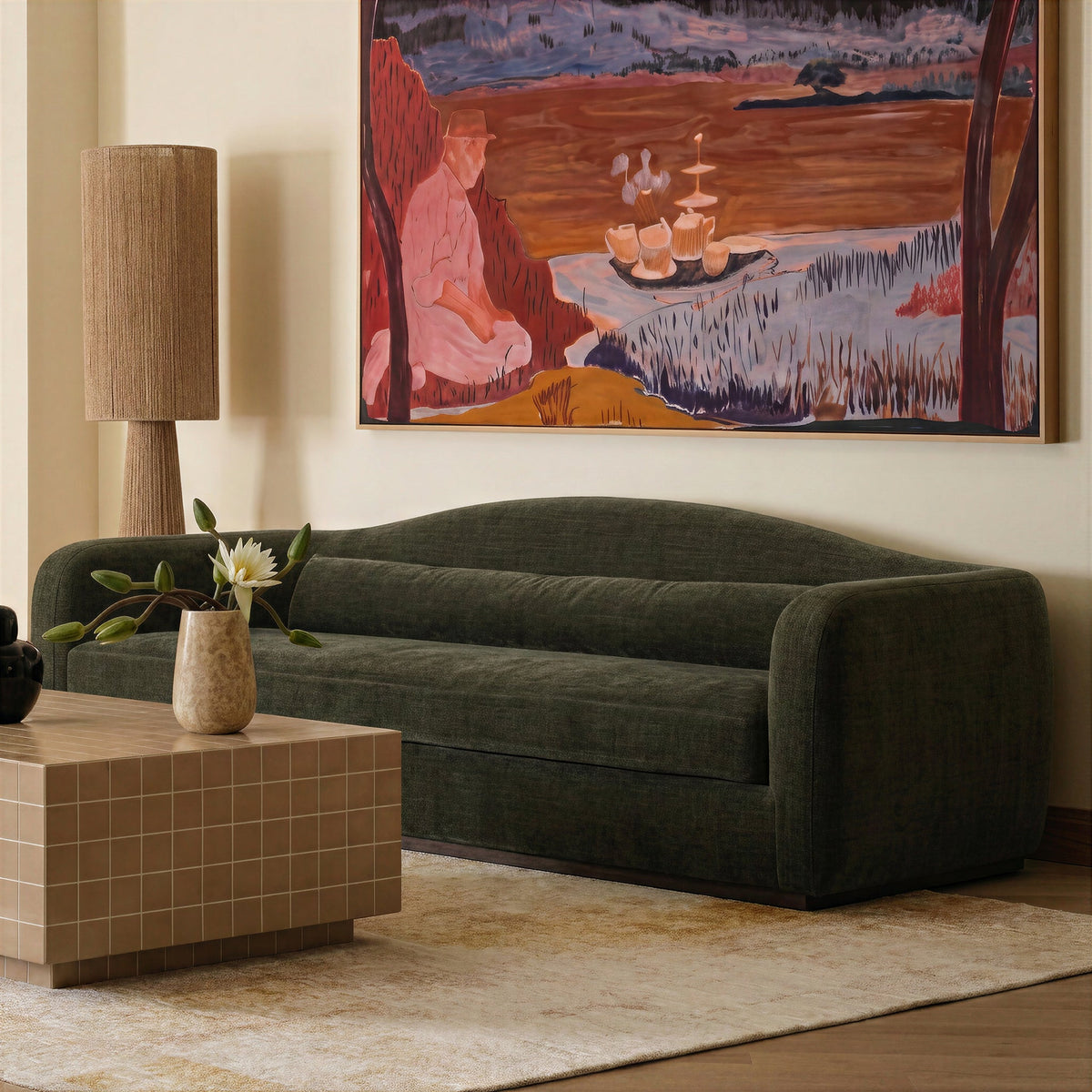 Camille 99" Sofa by TOV Furniture — green sofa styled in a living-room setting.