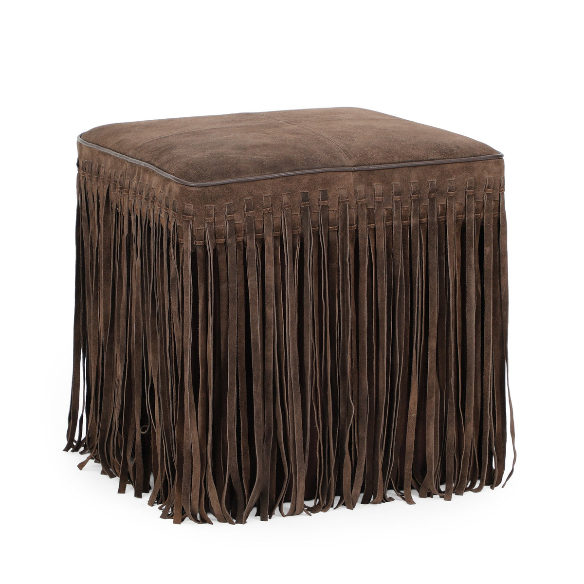 Daphne Square Suede Fringe Ottoman in Chocolate Brown, left three-quarter view with long fringe