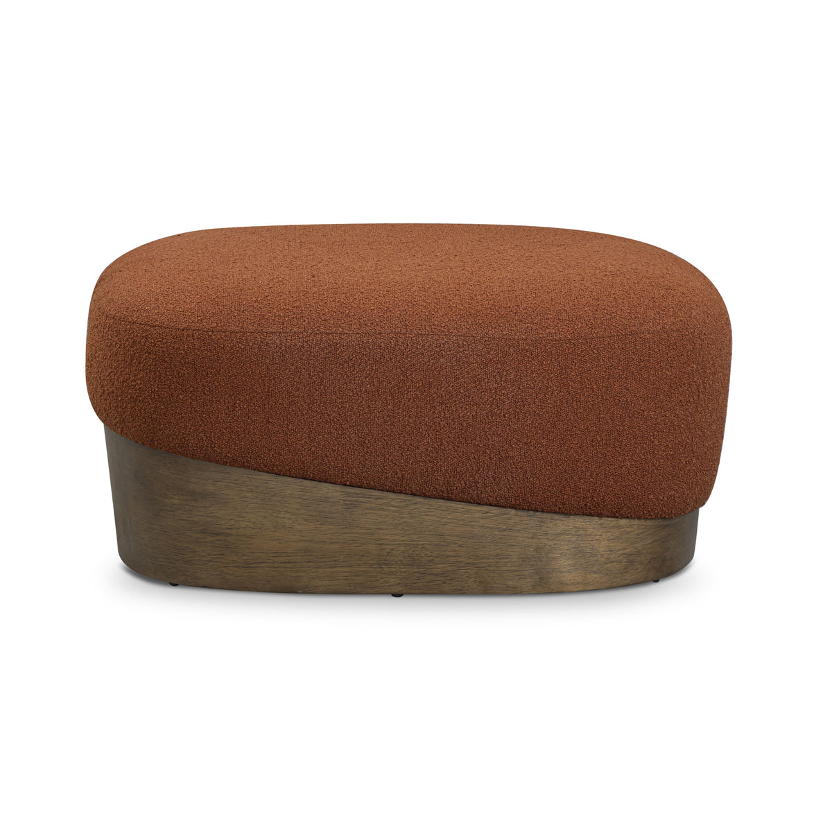 Domina Boucle Ottoman in Autumn Red, angled side profile emphasizing the sloped wood plinth base
