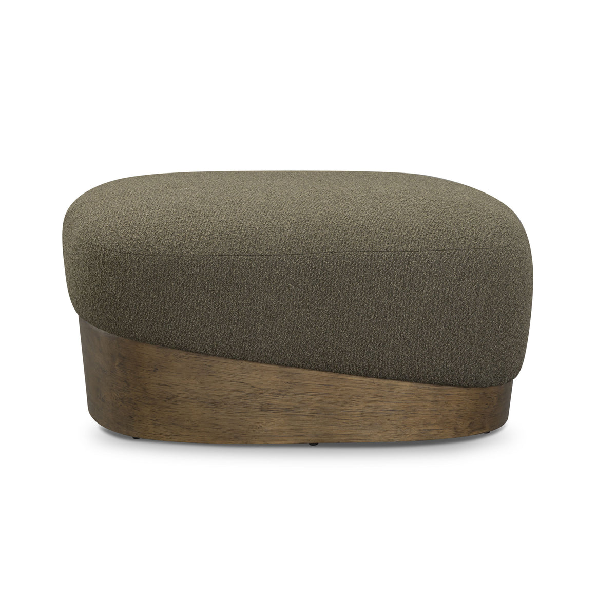 Domina Boucle Ottoman in Kale Green, angled side profile showing the sloped wood plinth base