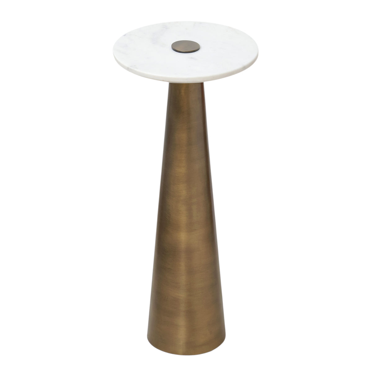 Clement Antique Brass Side Table with White Marble by TOV Furniture — angled view emphasizing the tapered pedestal and round marble top.