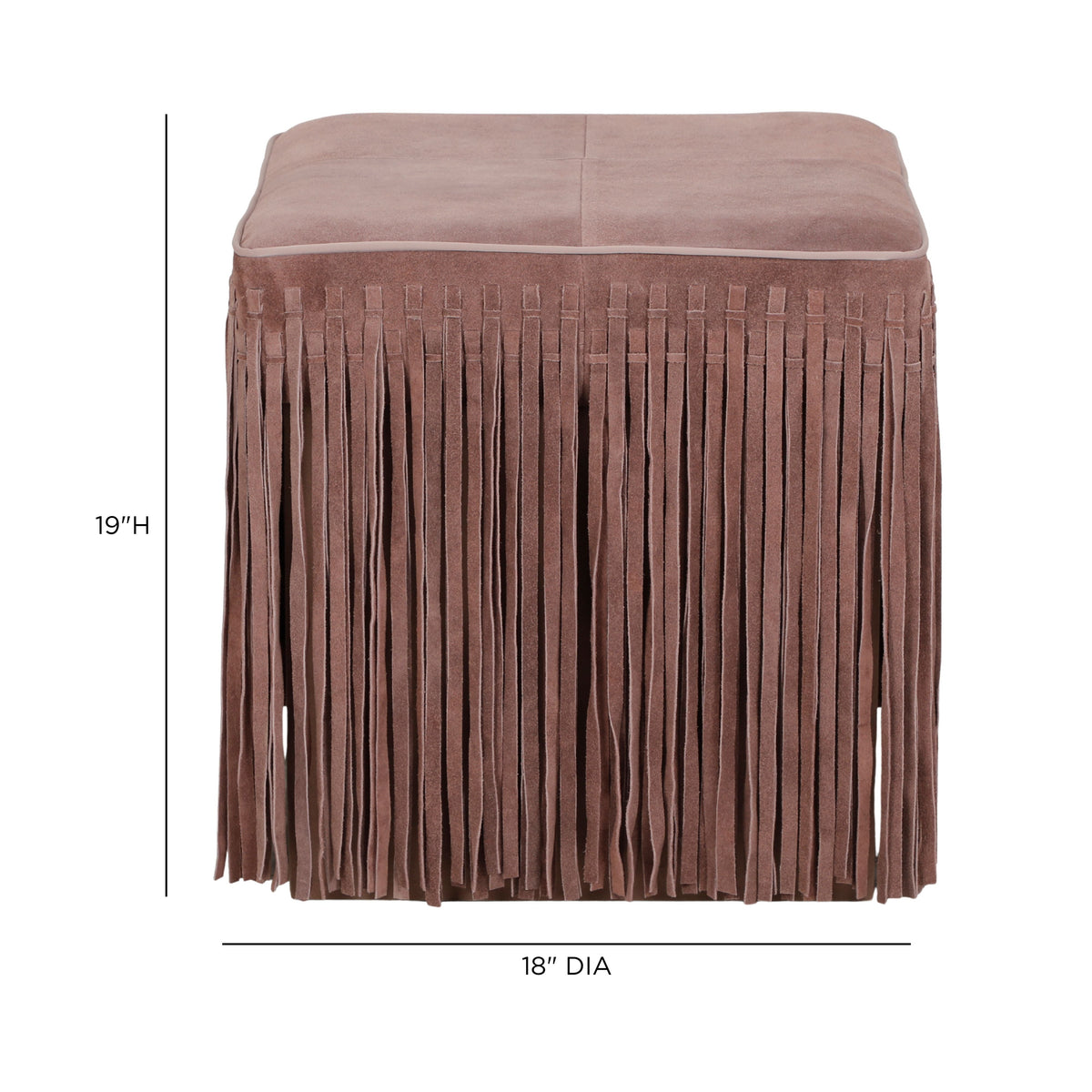 Daphne Square Suede Fringe Ottoman in Dusty Pink, dimension diagram showing 19-inch height and 18-inch span