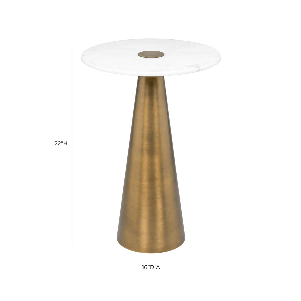 Clement Antique Brass Side Table with White Marble by TOV Furniture — 16-inch dimensional diagram showing 22-inch height.