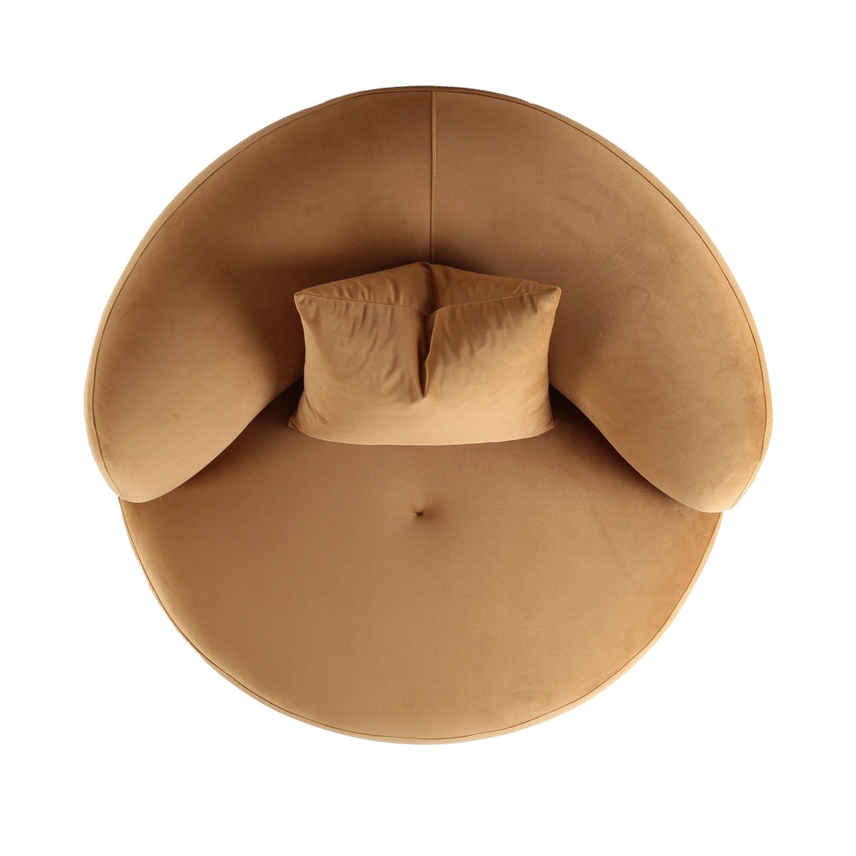 Fickle Swivel Accent Chair in Camel — overhead view of the round seat and wraparound back
