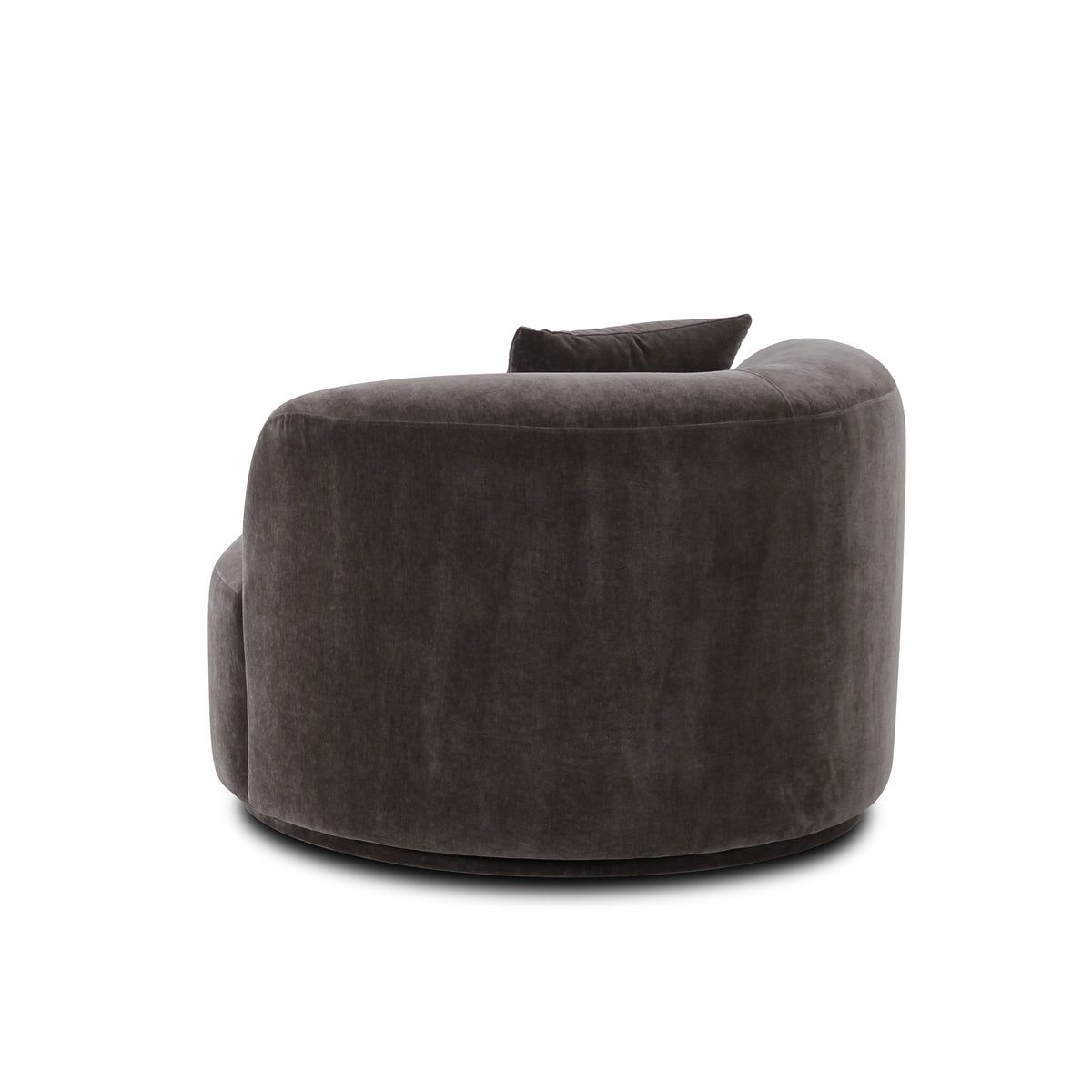 Fickle Swivel Accent Chair in Storm Grey — rear three-quarter view of the curved upholstered back