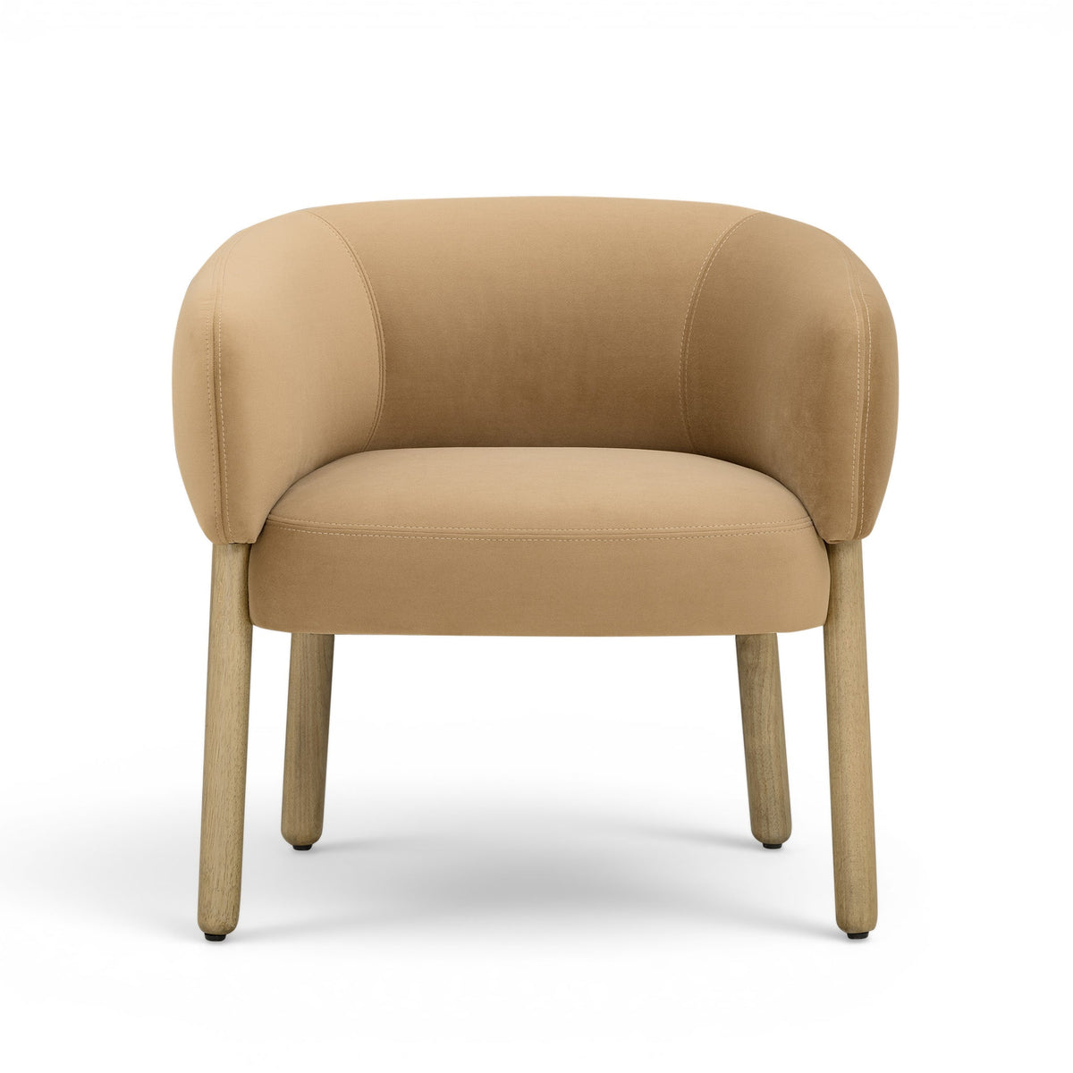 Foxy Performance Fabric Accent Chair in Camel — straight-on view with curved shelter arms and wood legs