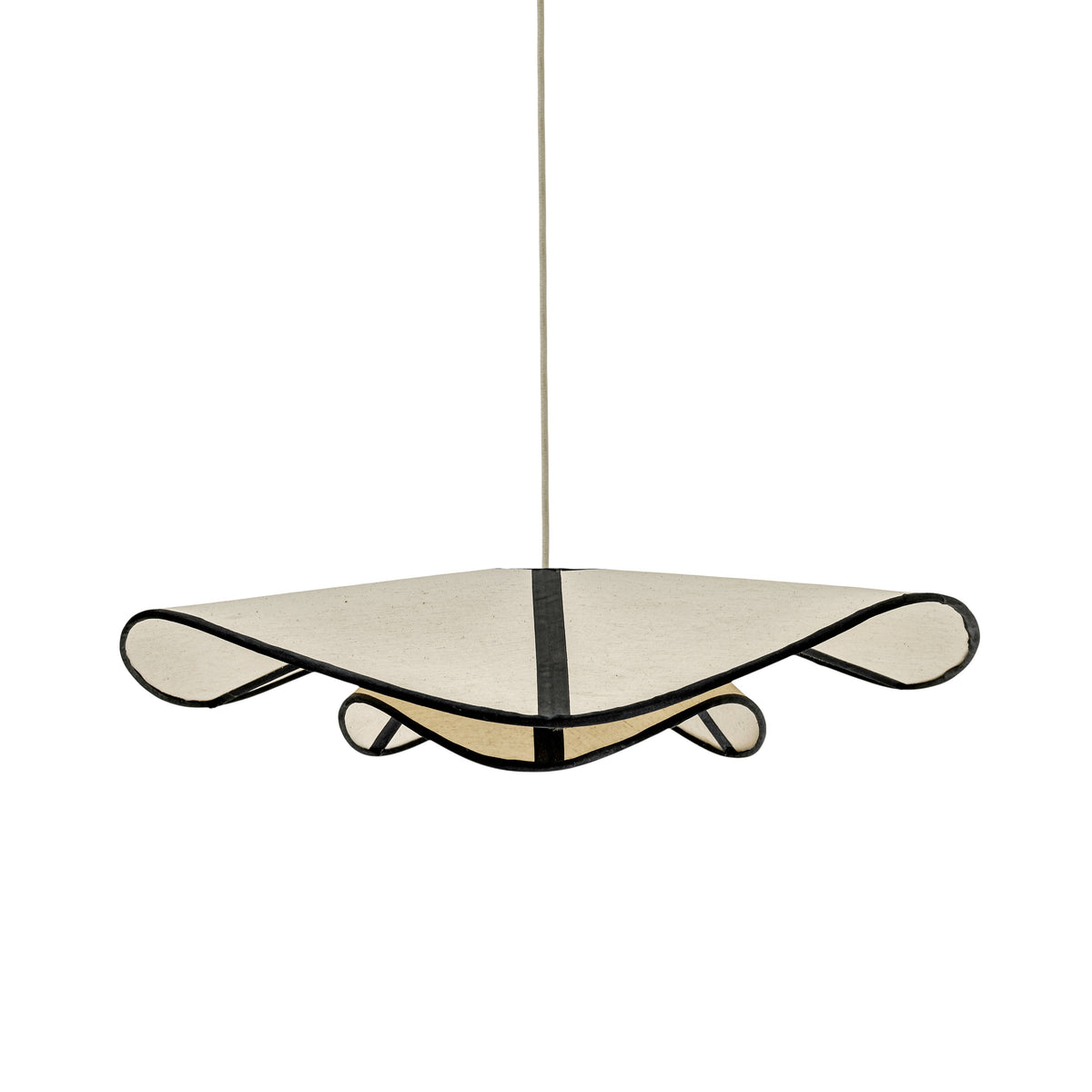 Chapeau Du Matin Pendant Lamp by TOV Furniture — wave-shaped fabric shade with contrast piping, upper rear view