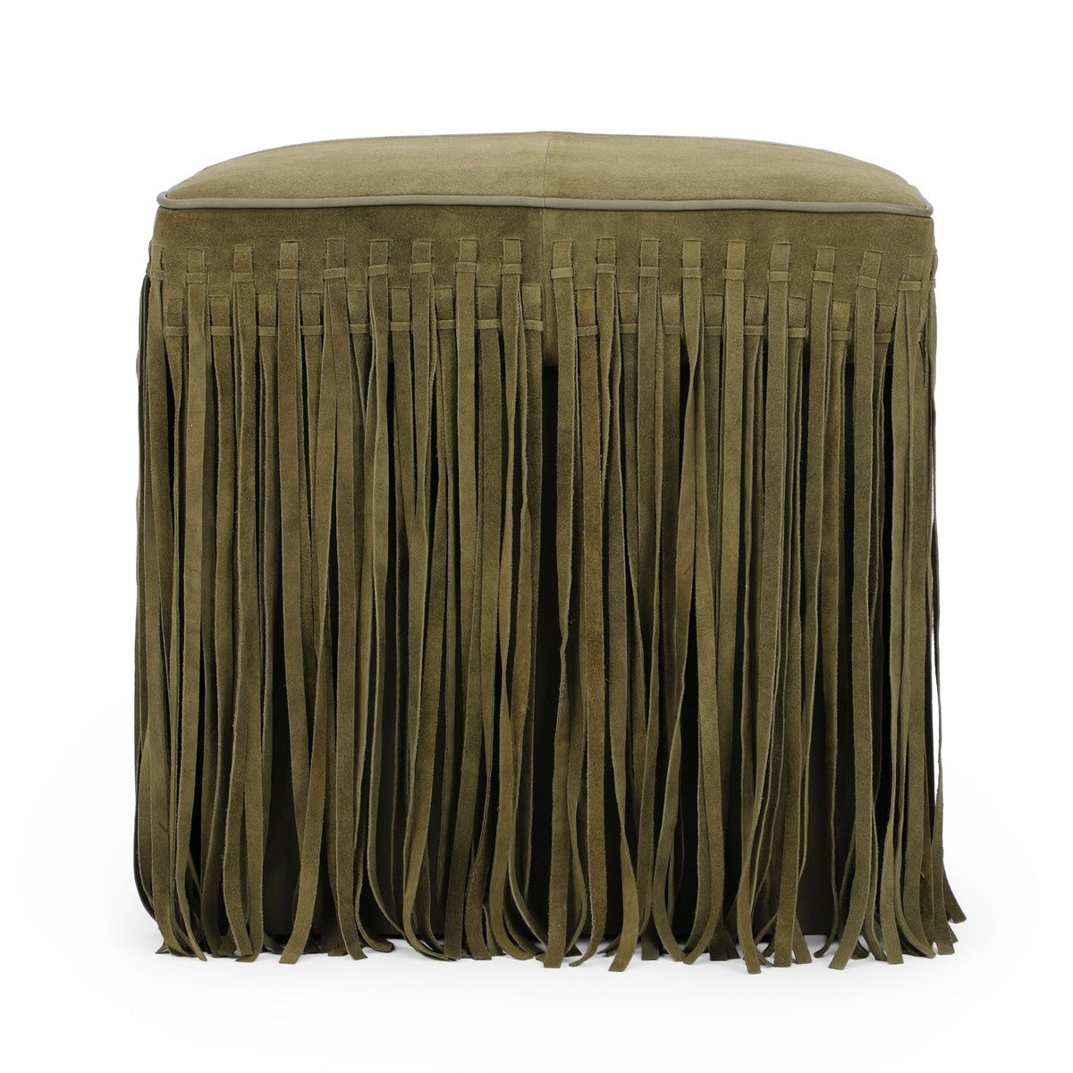 Daphne Square Suede Fringe Ottoman by TOV Furniture in Olive Green, straight-on front view