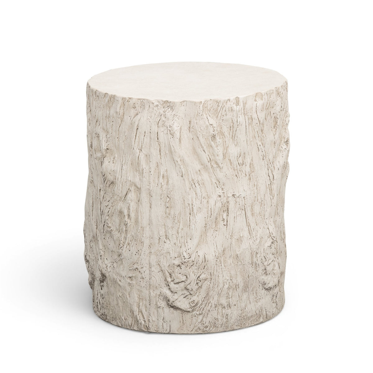 Fawn Driftwood Concrete Indoor/Outdoor Side Table by TOV Furniture — alternate angled view of the textured faux-wood surface.
