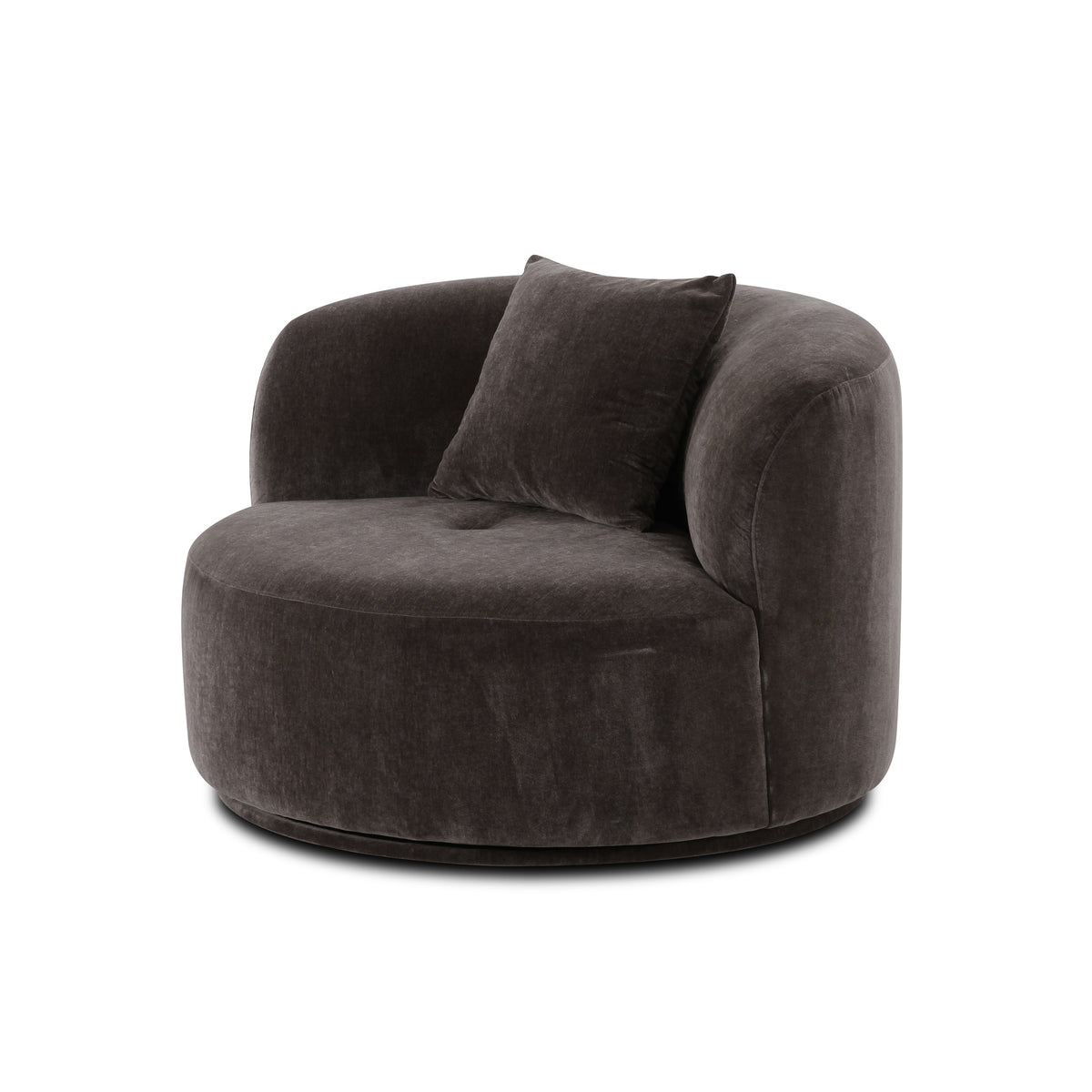 Fickle Swivel Accent Chair in Storm Grey — three-quarter studio view with matching pillow