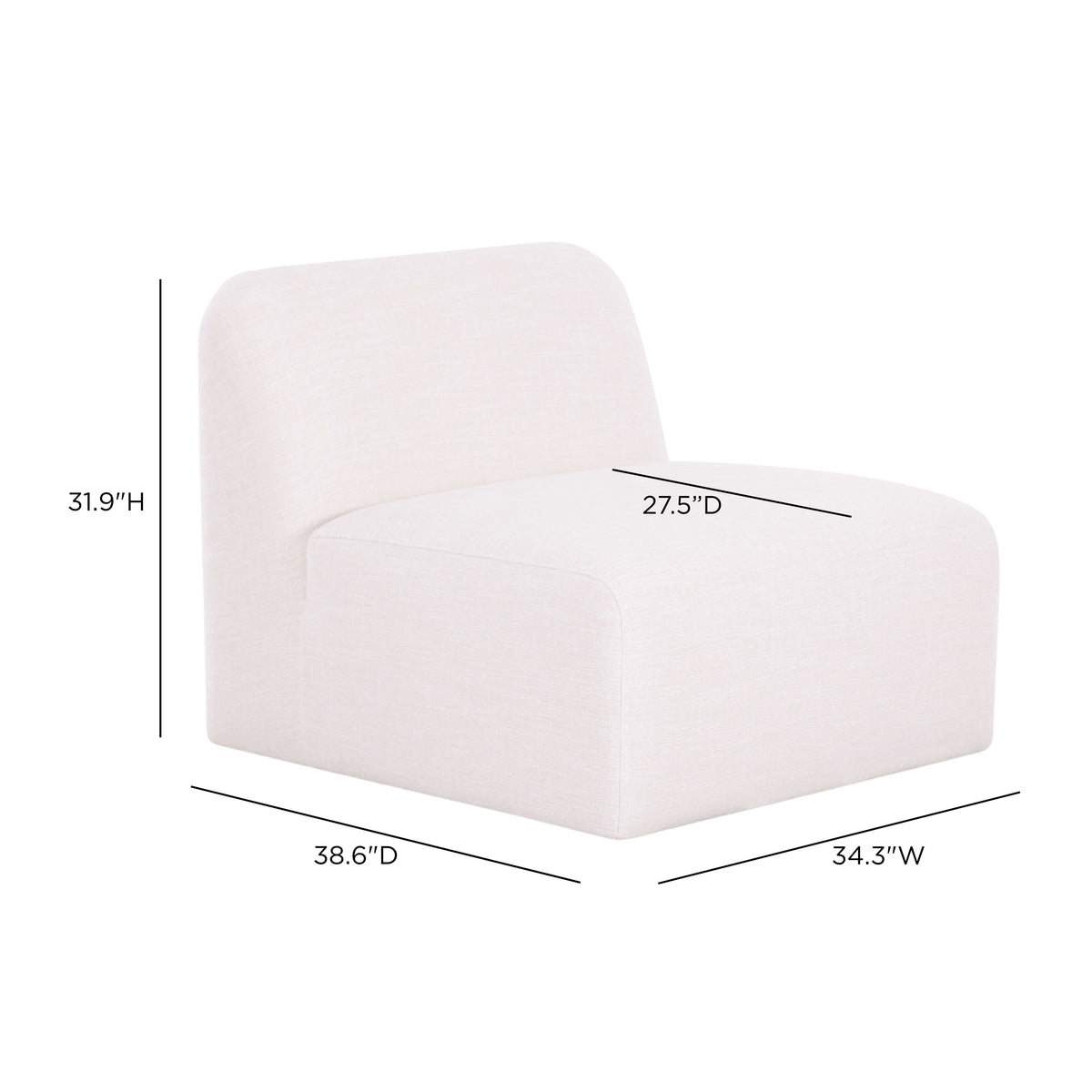 Gorge modular armless chair in cream performance fabric, dimension diagram showing width, depth, seat depth and height