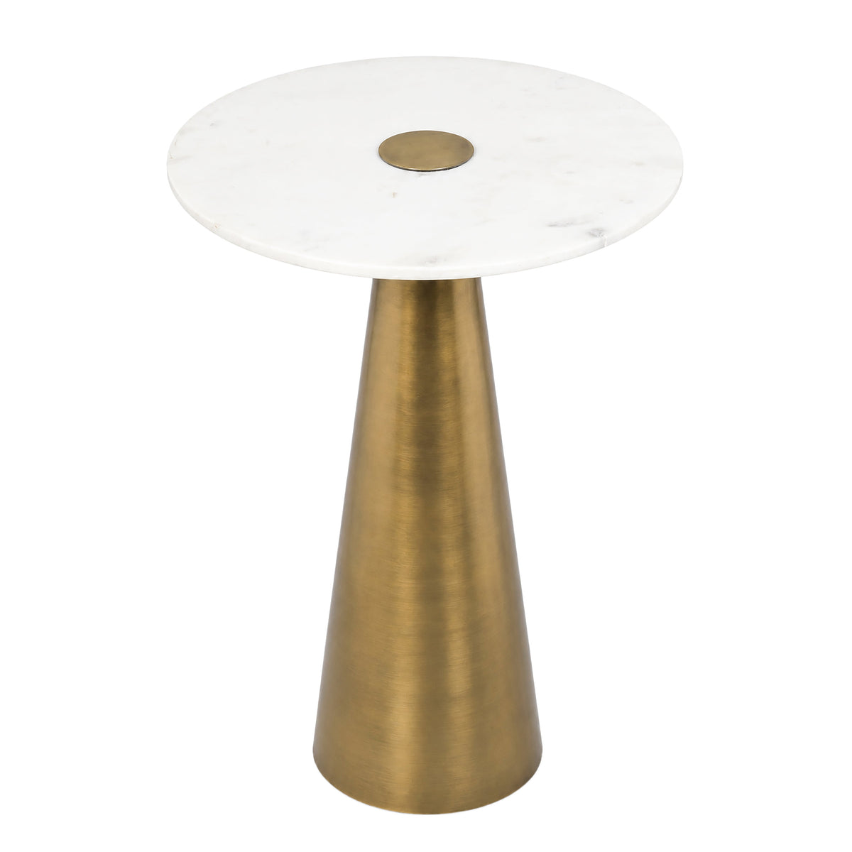 Clement Antique Brass Side Table with White Marble by TOV Furniture — close angled view of the wide round marble top and brass-finished pedestal.