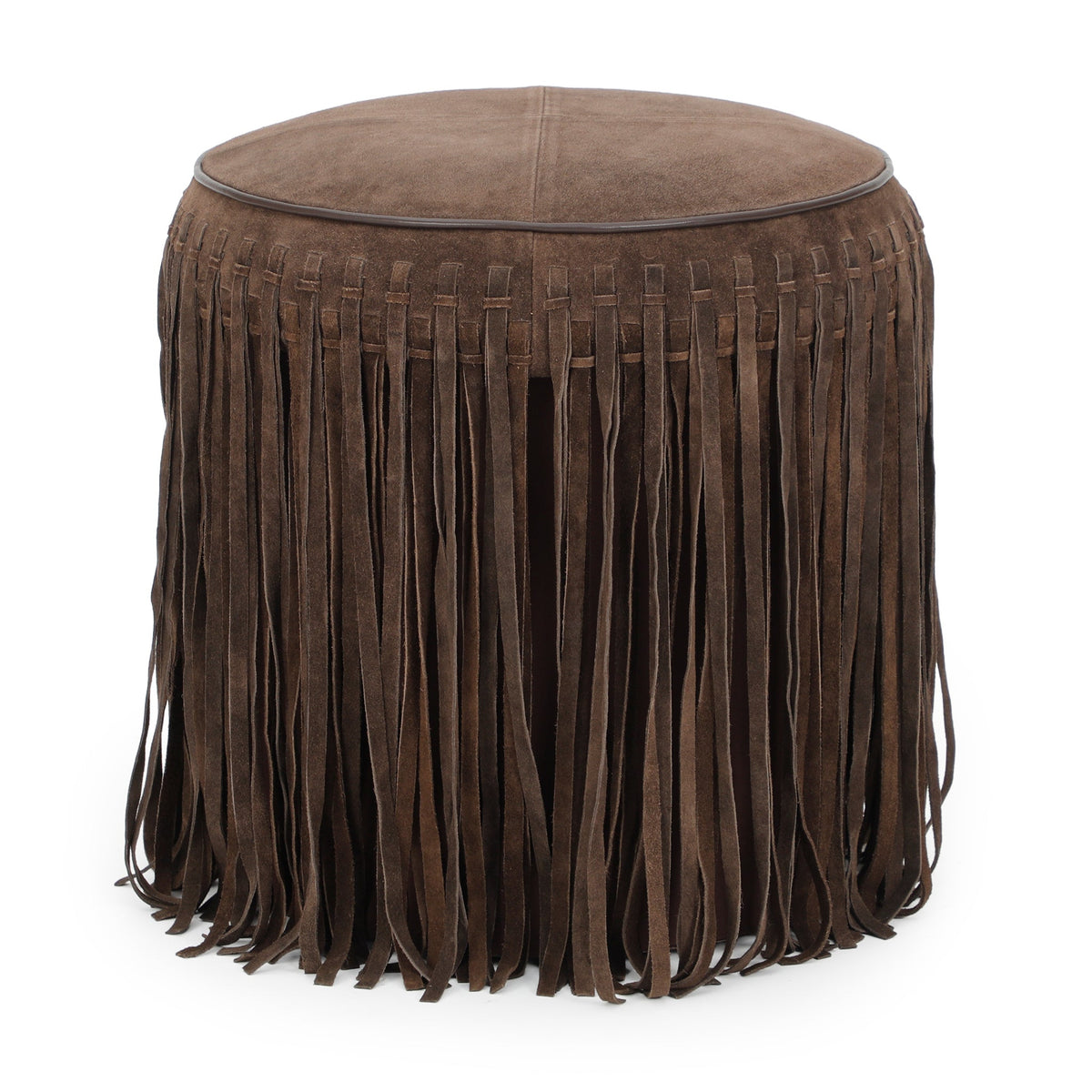 Daphne Round Suede Fringe Ottoman by TOV Furniture — chocolate brown suede with tasseled fringe, angled view