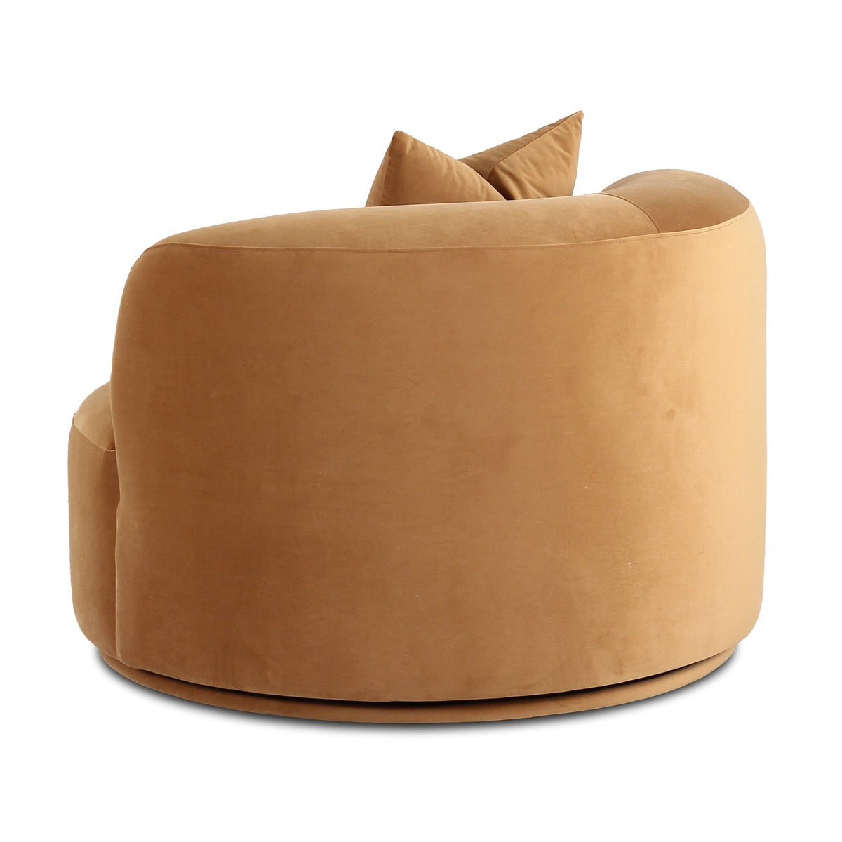 Fickle Swivel Accent Chair in Camel — rear three-quarter view of the curved upholstered back