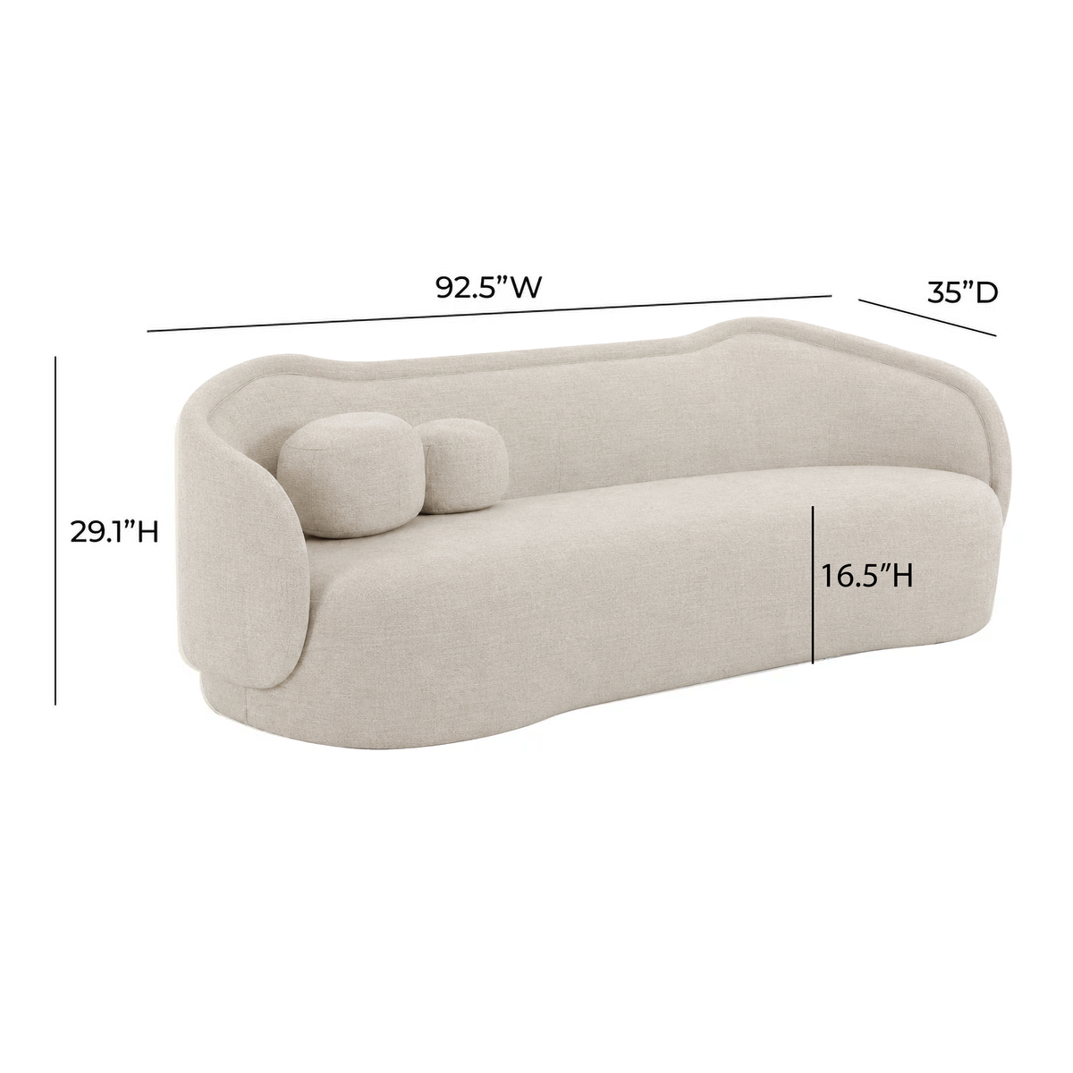 Circe 93" Sofa by TOV Furniture — dimensional diagram showing 92.5-inch width, 35-inch depth, and 29.1-inch height.