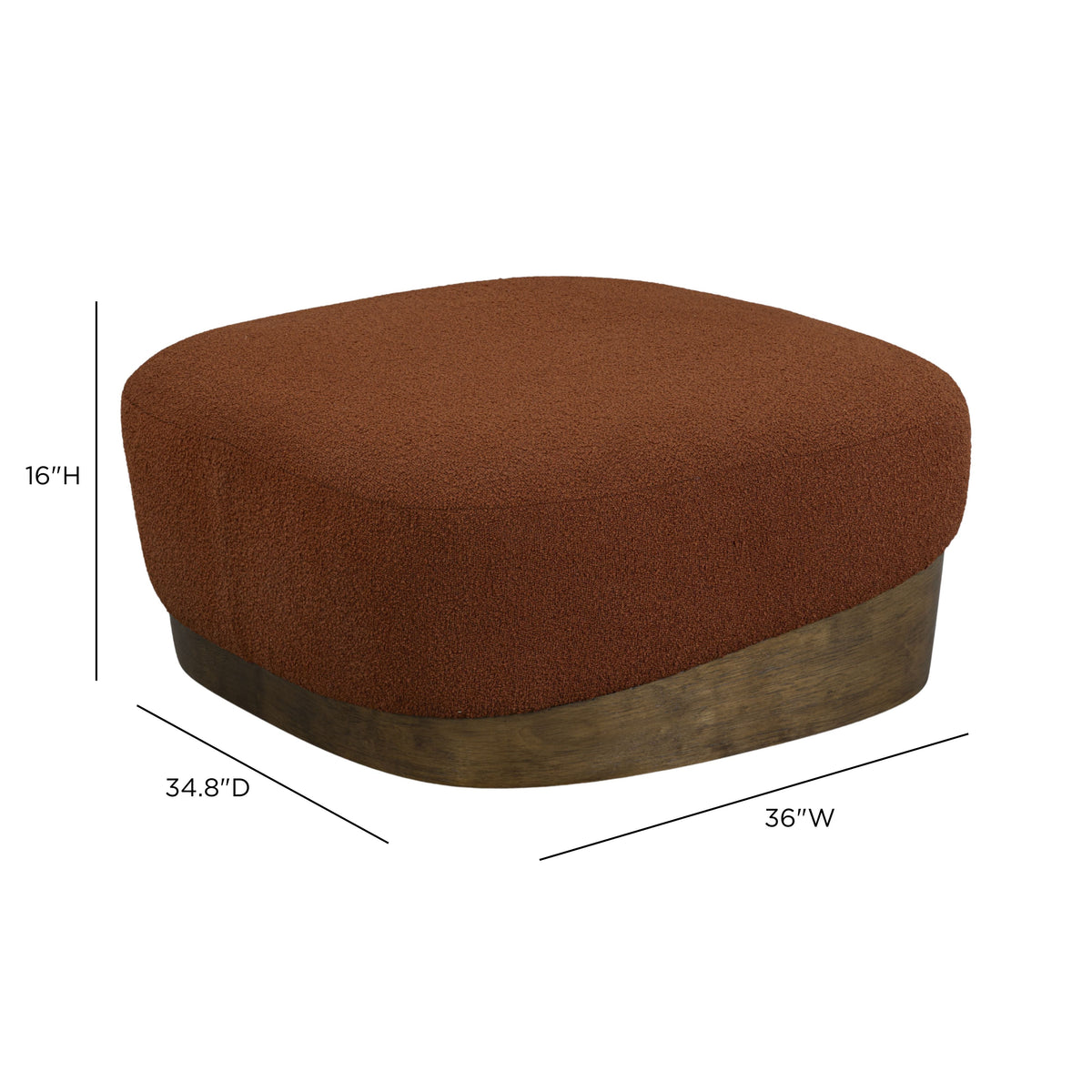 Domina Boucle Ottoman in Autumn Red, dimension diagram showing 36-inch width, 34.8-inch depth and 16-inch height