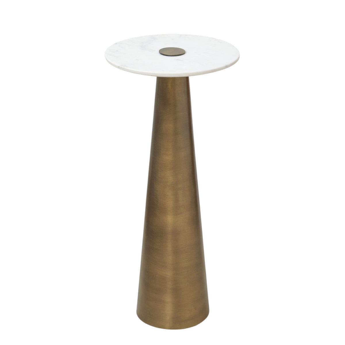 Clement Antique Brass Side Table with White Marble by TOV Furniture — 10-inch size, front three-quarter view.