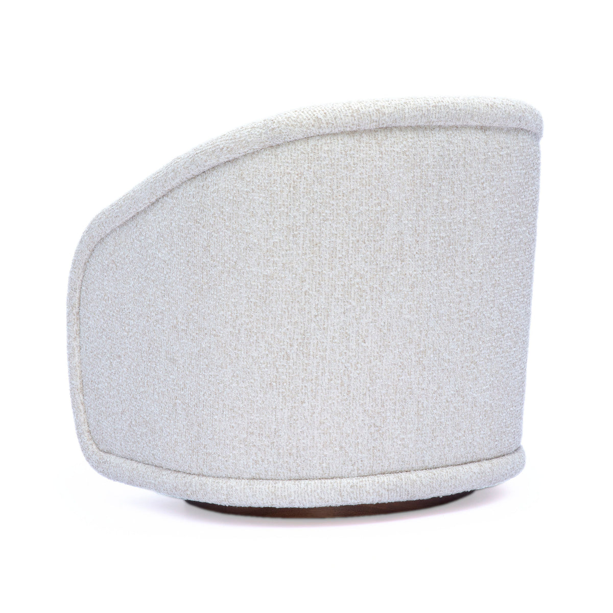 Clarke Cream Performance Boucle Swivel Accent Chair by TOV Furniture — rear three-quarter view showing the curved back and wood swivel base.