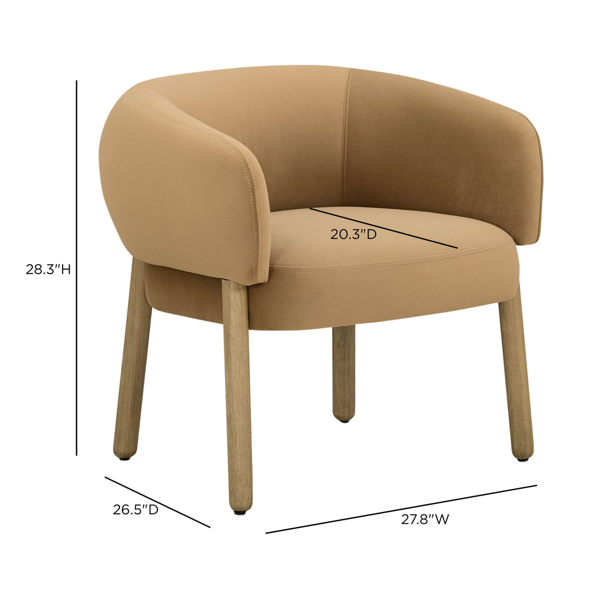 Foxy Performance Fabric Accent Chair in Camel — dimensions diagram showing 27.8-inch width and 28.3-inch height