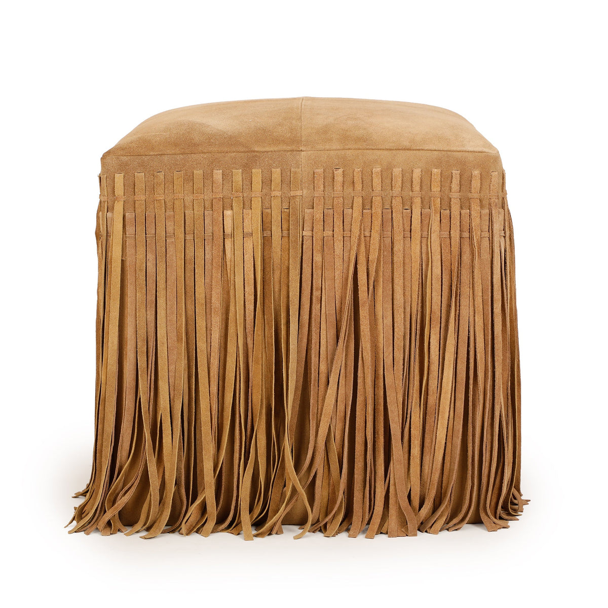 Daphne Square Suede Fringe Ottoman by TOV Furniture in Saddle Brown, straight-on front view