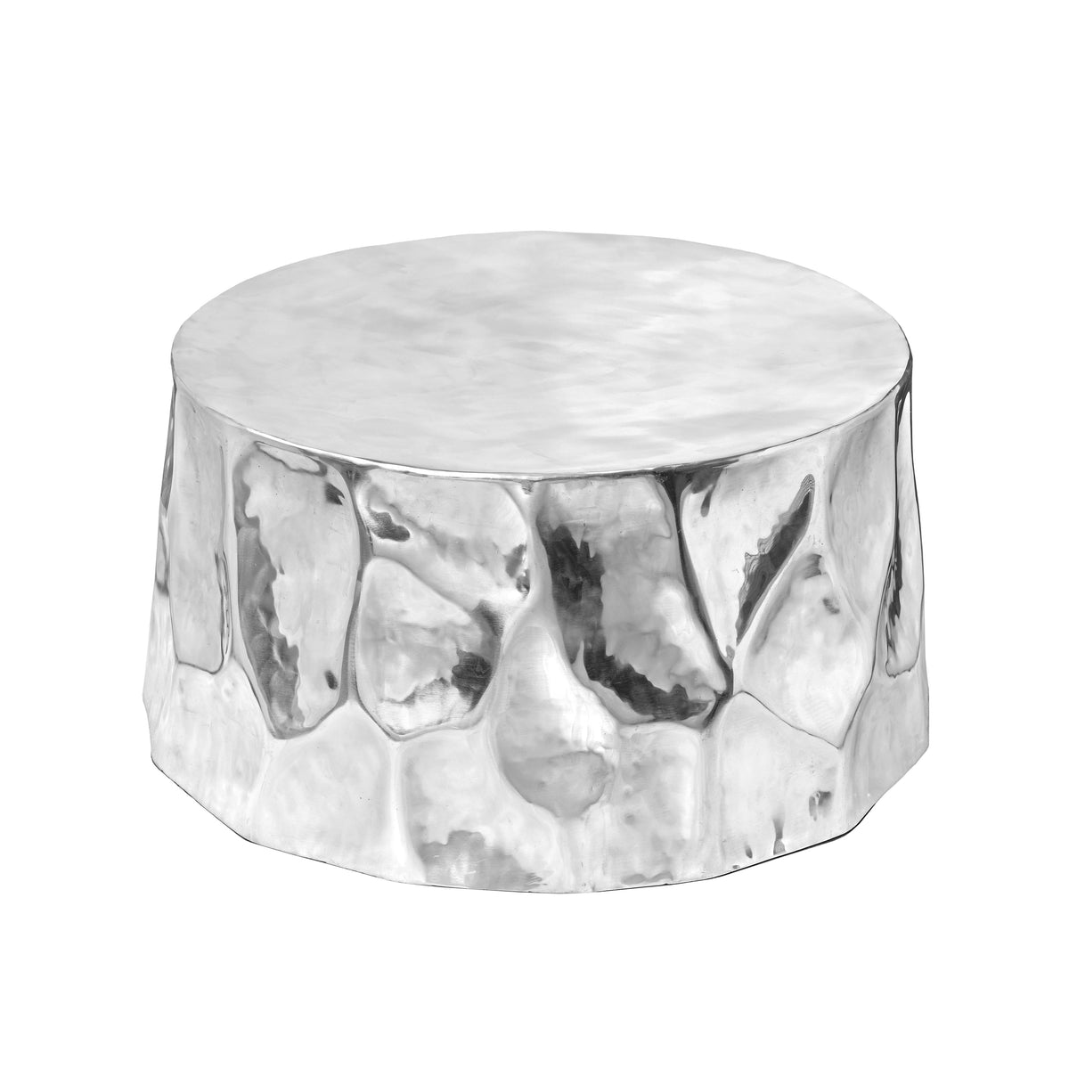 Forma 34" Chrome Coffee Table by TOV Furniture — polished hammered aluminum, front three-quarter view.