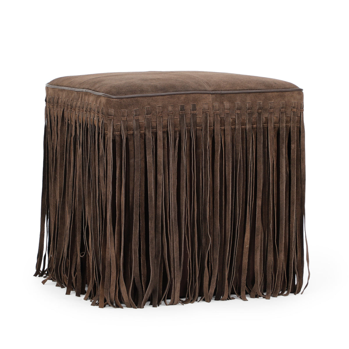 Daphne Square Suede Fringe Ottoman in Chocolate Brown, right three-quarter view with long fringe