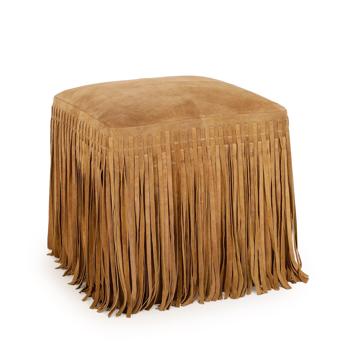 Daphne Square Suede Fringe Ottoman in Saddle Brown, left three-quarter view with long suede fringe