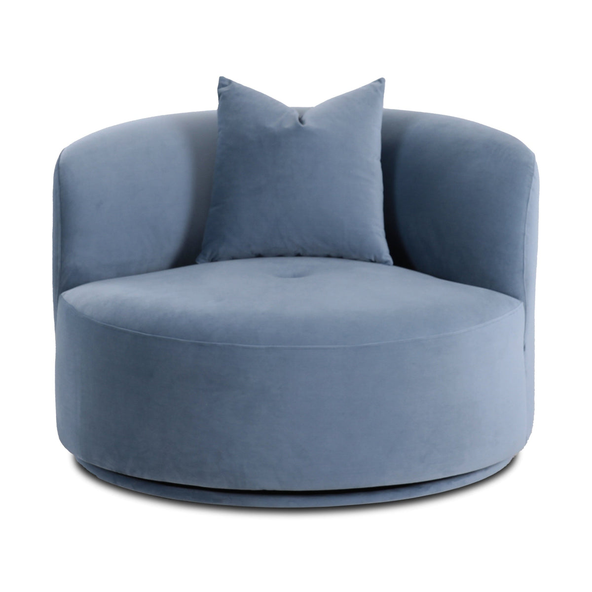 Fickle Swivel Accent Chair in Bluestone by TOV Furniture — front studio view with matching pillow