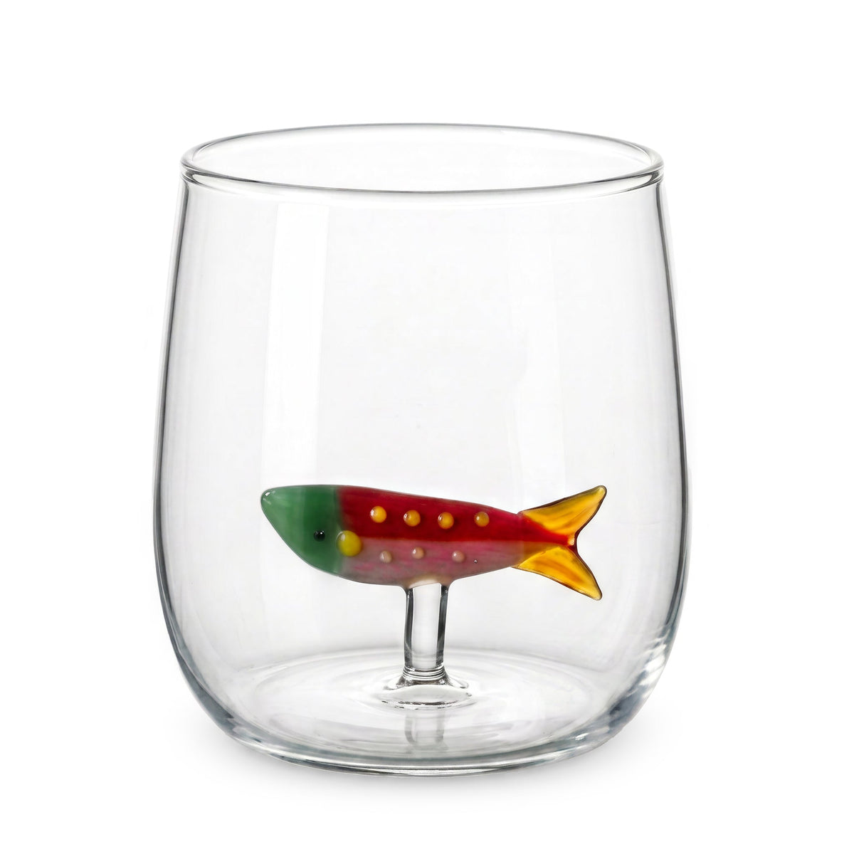 Fishy Water Glass Set of 4 by TOV Furniture — close front view of one clear glass with colorful fish detail.