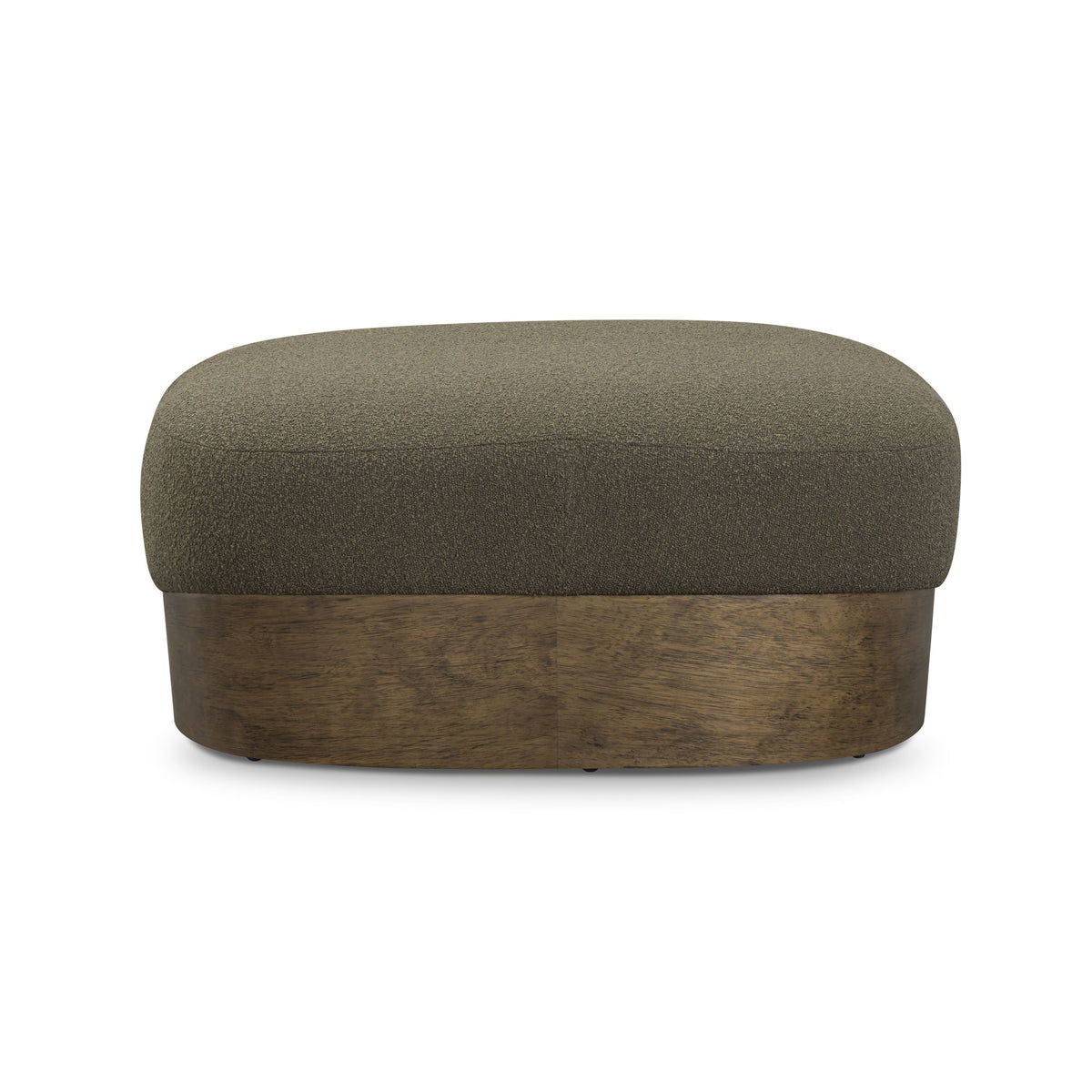 Domina Boucle Ottoman in Kale Green, straight-on long-side view with the curved wood plinth base