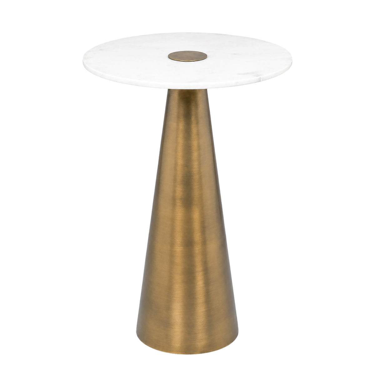 Clement Antique Brass Side Table with White Marble by TOV Furniture — 16-inch size, front three-quarter view.