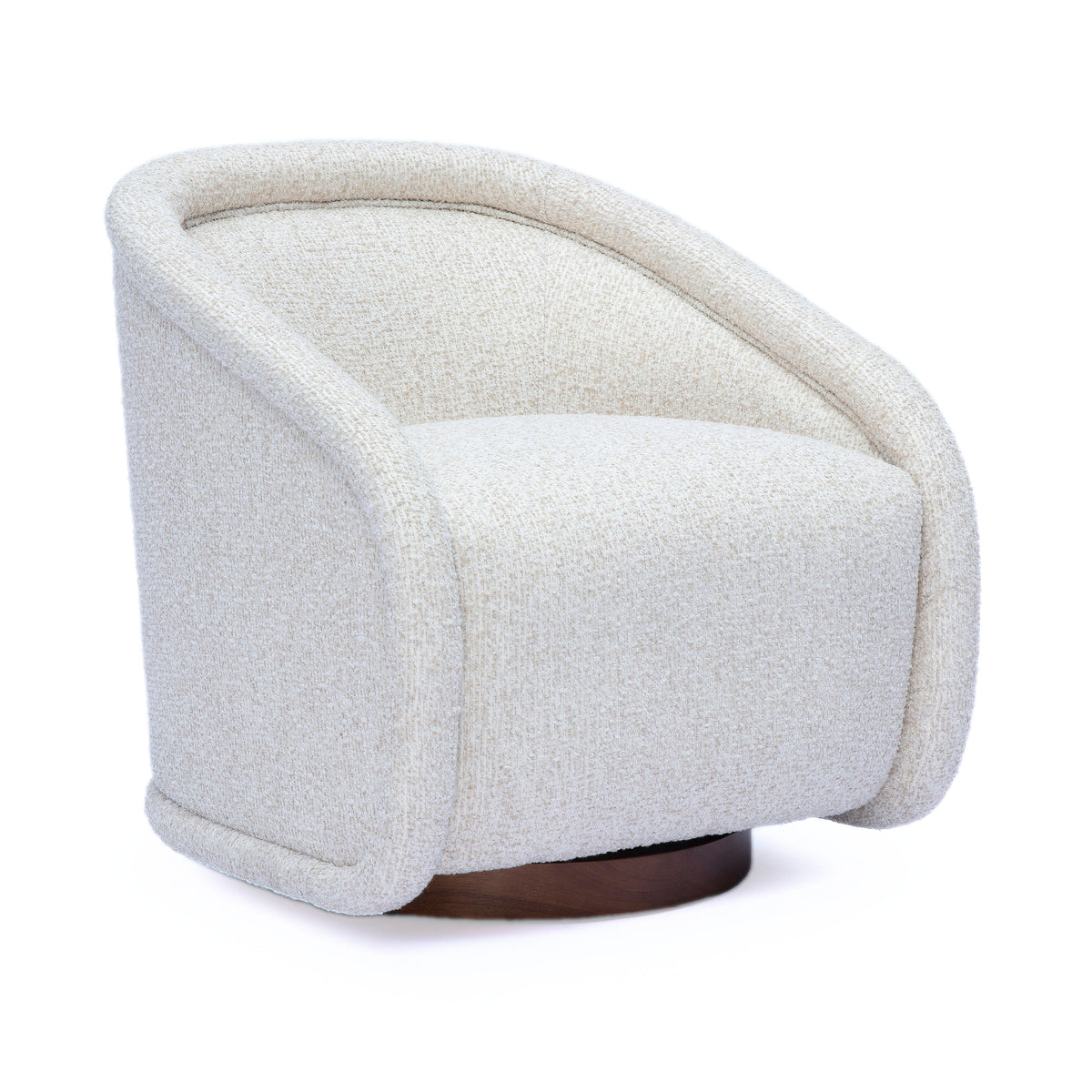 Clarke Cream Performance Boucle Swivel Accent Chair by TOV Furniture — front three-quarter view with wrapped shelter arms.