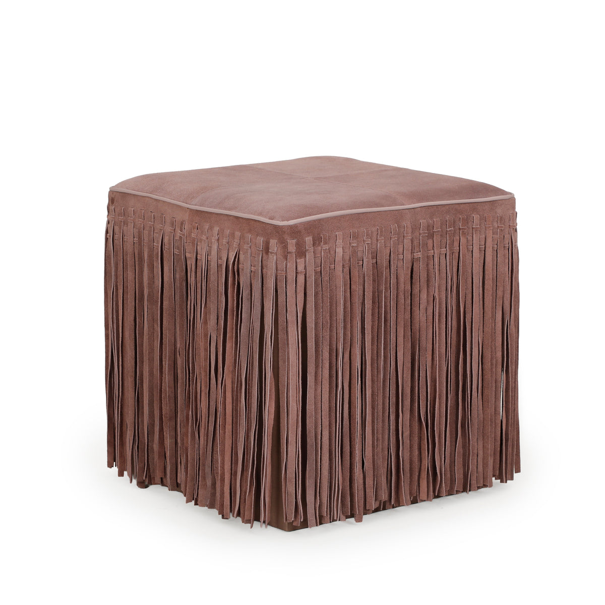 Daphne Square Suede Fringe Ottoman in Dusty Pink, three-quarter view of the cushioned top and fringe