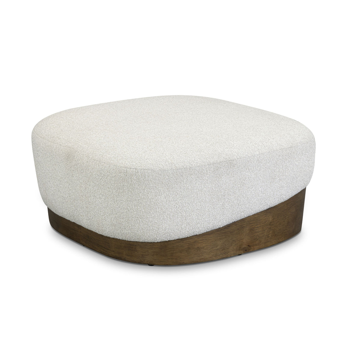 Domina Boucle Ottoman by TOV Furniture in Off-White, three-quarter view with a curved wood plinth base