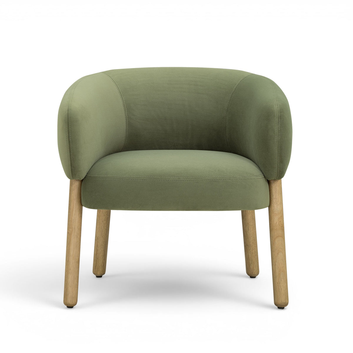 Foxy Performance Fabric Accent Chair in Olive Green — straight-on view with curved shelter arms and wood legs