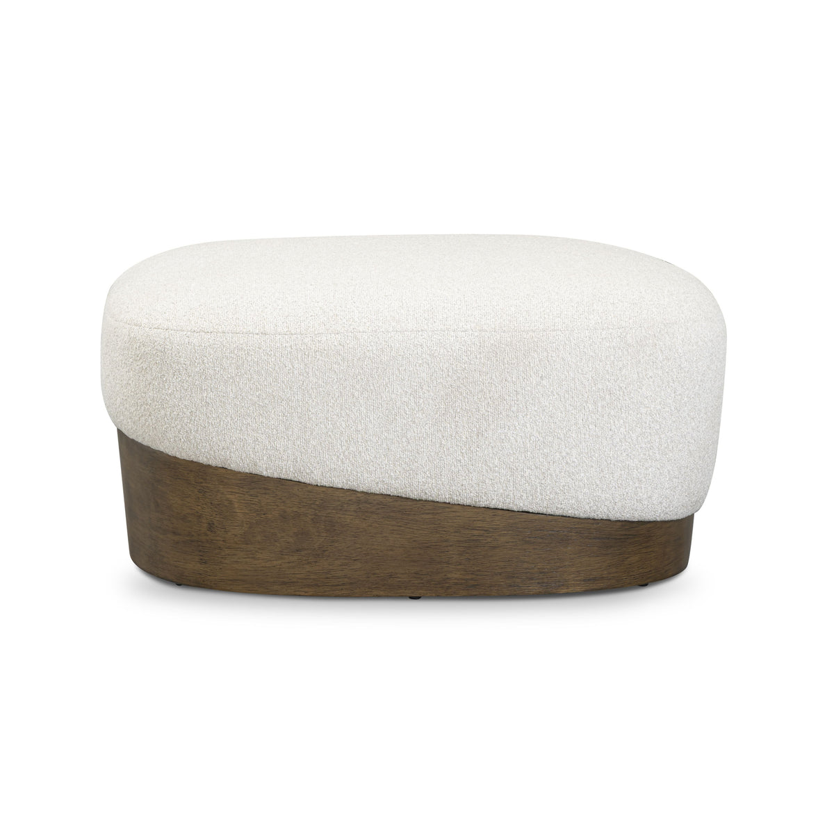 Domina Boucle Ottoman in Off-White, angled side profile showing the sloped wood plinth base