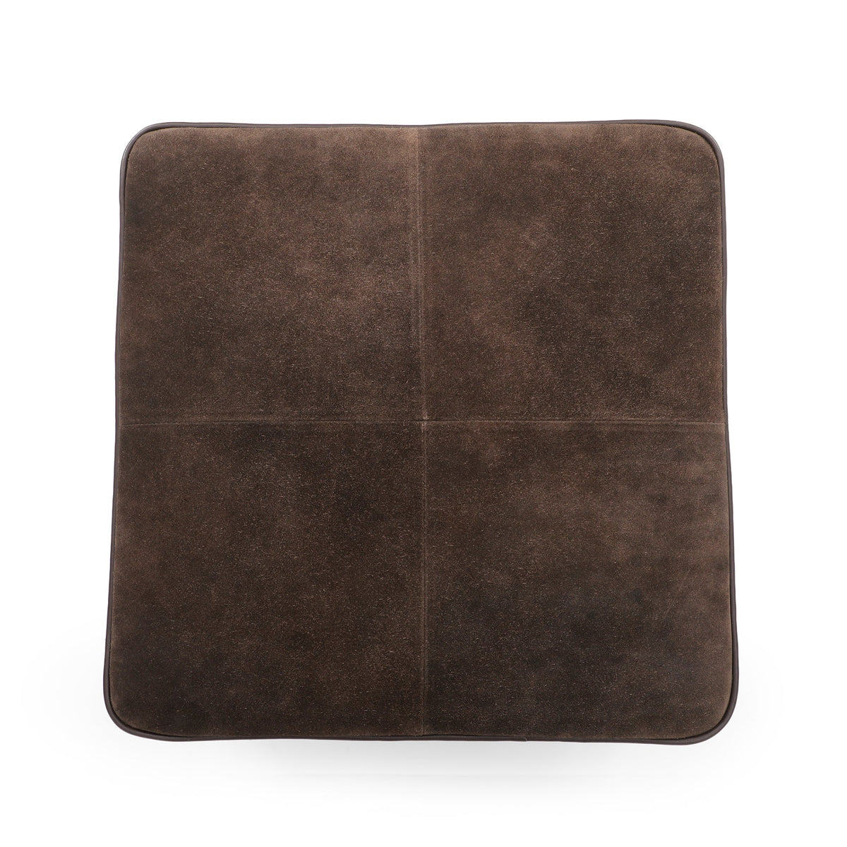 Daphne Square Suede Fringe Ottoman in Chocolate Brown, top view of the piped square cushion