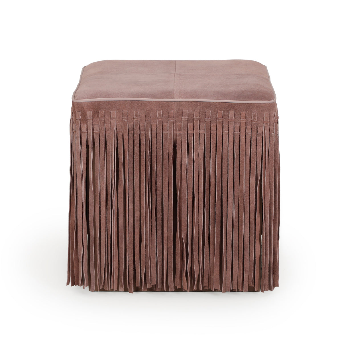 Daphne Square Suede Fringe Ottoman in Dusty Pink, close straight-on view of the piped seat and fringe