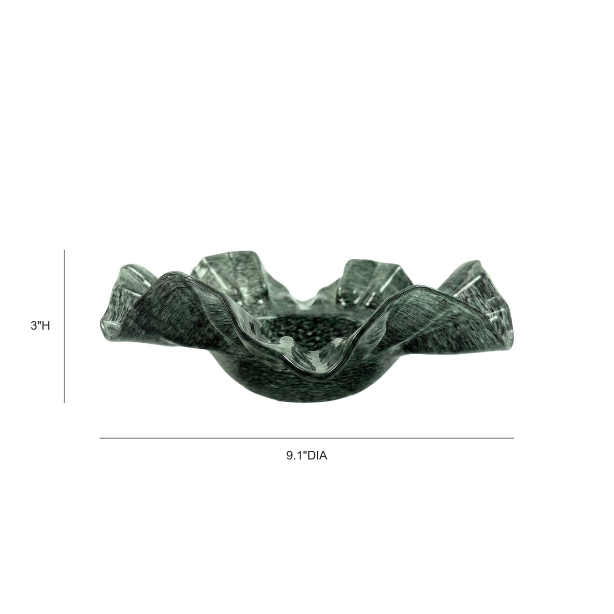 Col Green Glass Bowl by TOV Furniture — 9-inch dimensional diagram showing 9.1-inch diameter and 3-inch height.