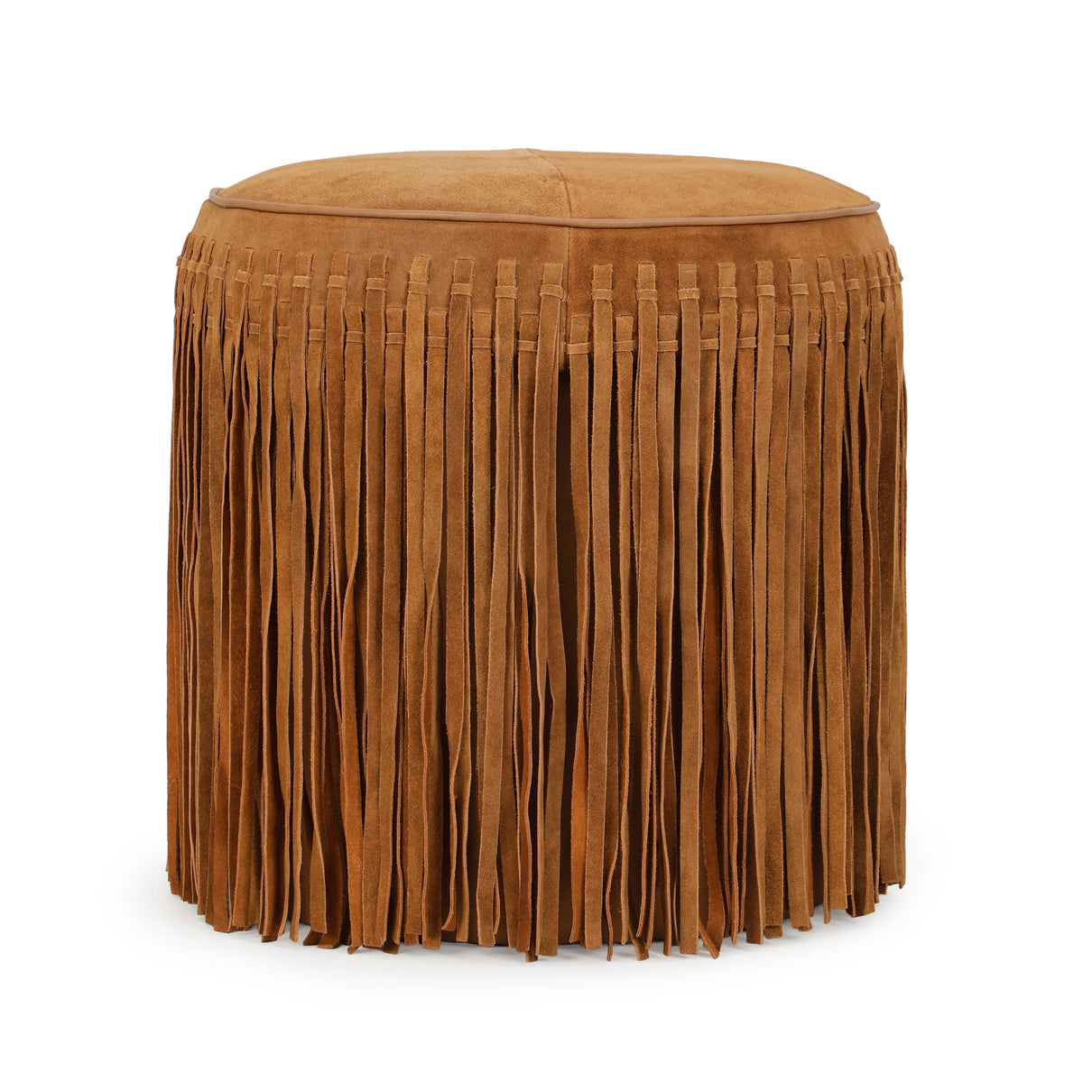 Daphne Round Suede Fringe Ottoman by TOV Furniture — cognac suede upholstery with tasseled fringe, front view