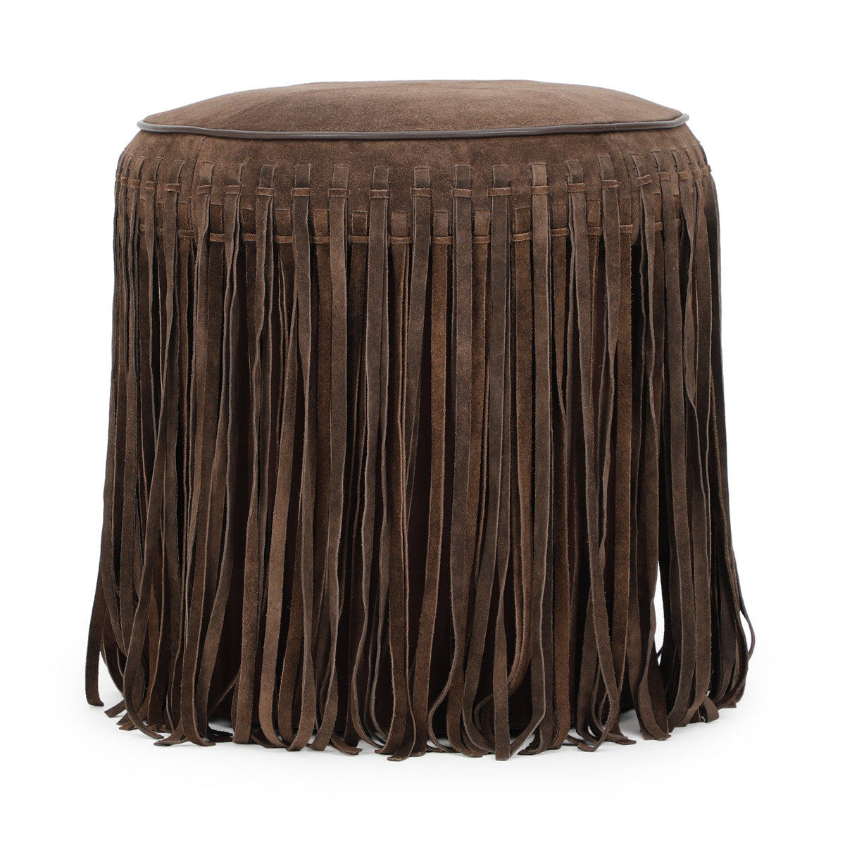 Daphne Round Suede Fringe Ottoman by TOV Furniture — chocolate brown suede with tasseled fringe, front view