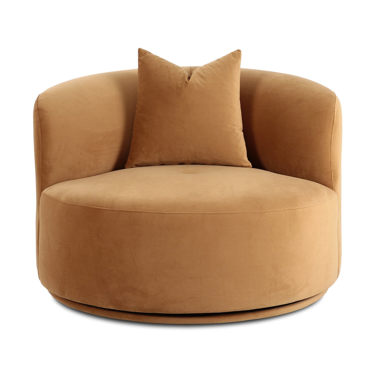 Fickle Swivel Accent Chair in Camel by TOV Furniture — front studio view with matching pillow