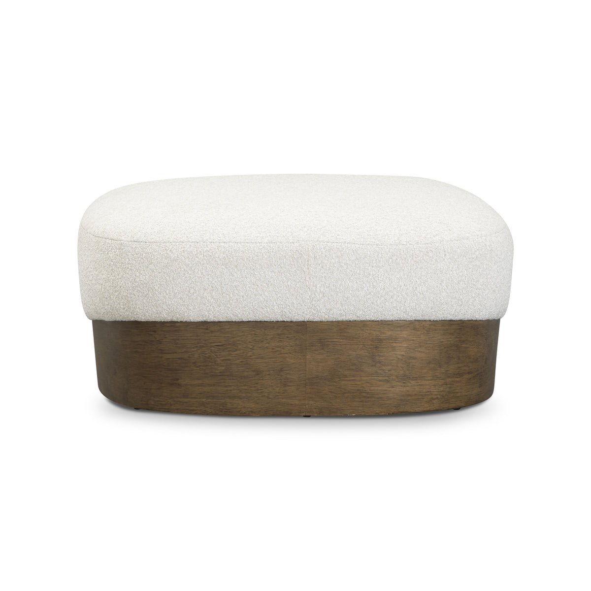Domina Boucle Ottoman in Off-White, straight-on short-side view with the curved wood plinth base