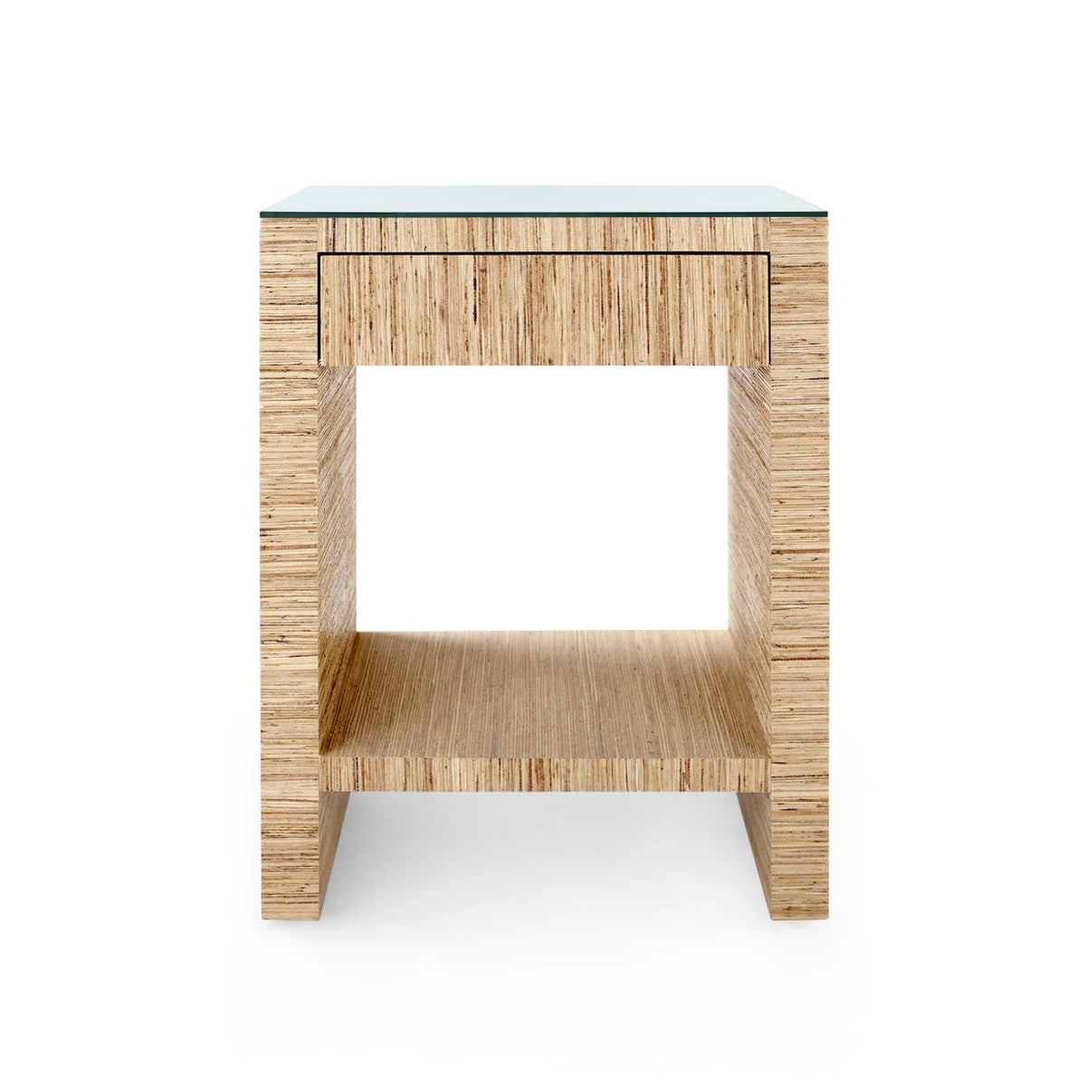 Morgan 1-Drawer Side Table with Glass Top by Villa & House — white lacquered grasscloth with open shelf, front view