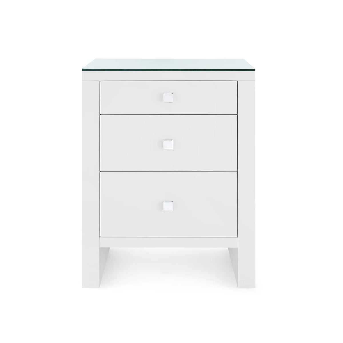 Morgan 3-Drawer Side Table by Villa & House — white finish with clear glass top, front view